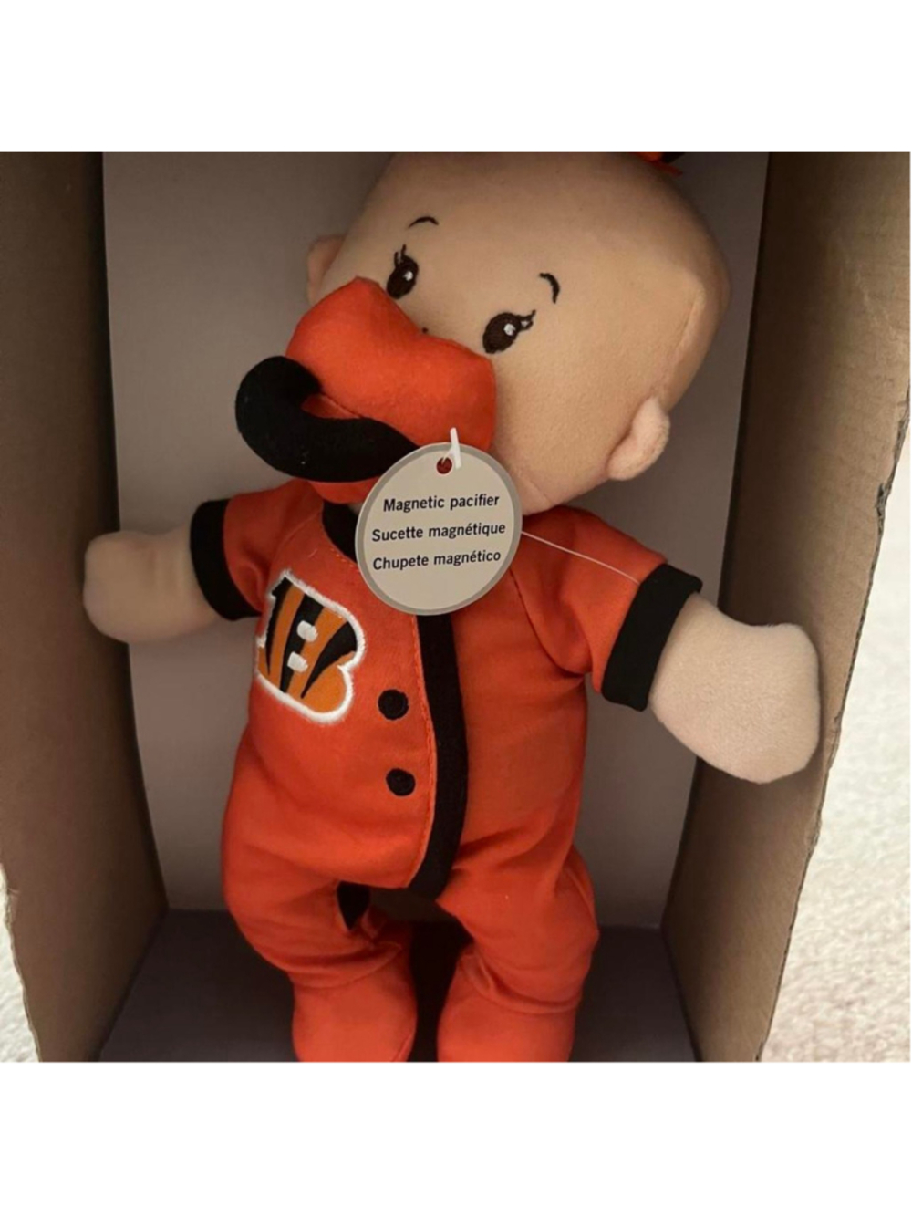 NFL Cincinnati Bengals baby doll with magnetic pacifier in orange jersey with bl - Picture 5 of 6